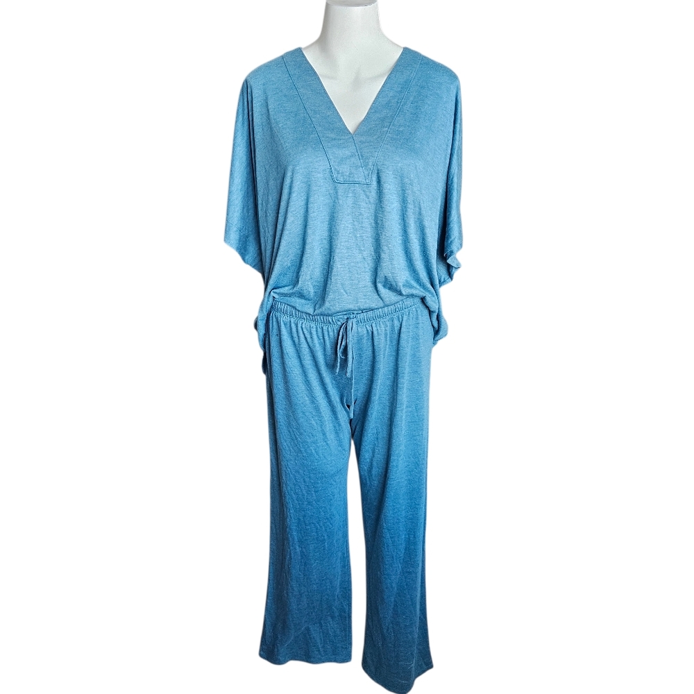 Natori Blue Women's V Neck Pajama Loungewear Set Size Medium Lagenlook Oversized
